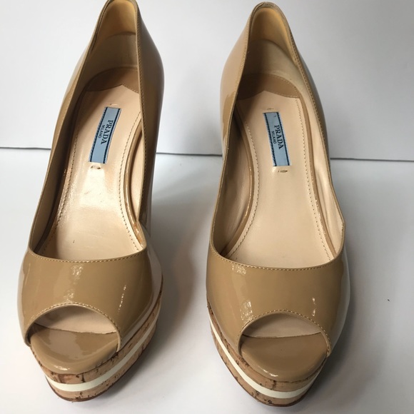 Prada Milano Nude Peep Toe Wedges Size 38/8 - Picture 6 of 8